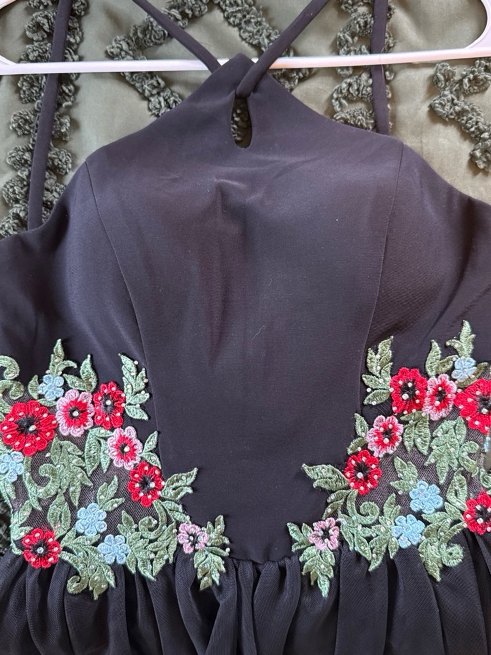 Girls' Black Floral Appliqué Halter Dress - Picture 3 of 4